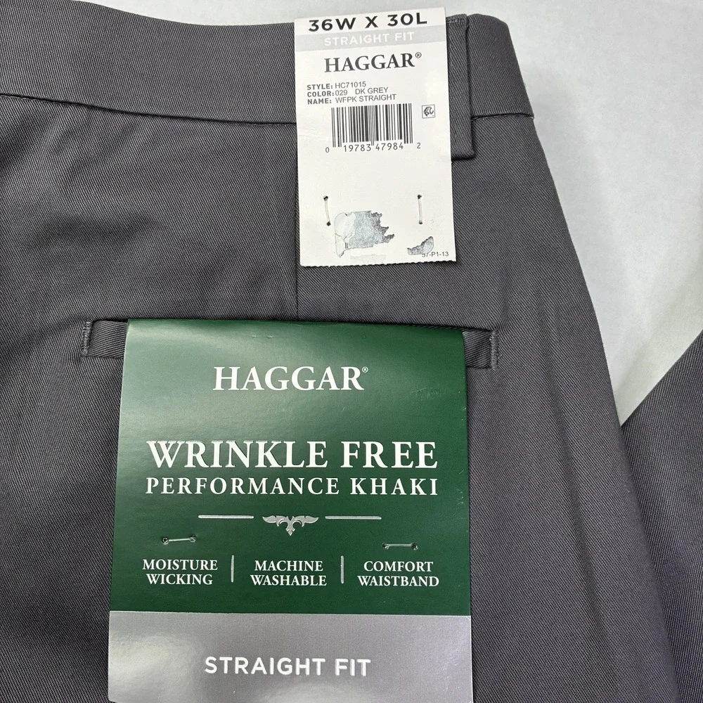 Haggar Performance Khakis Men's Size 36x30 Dark Gray Straight Fit Comfort Waist